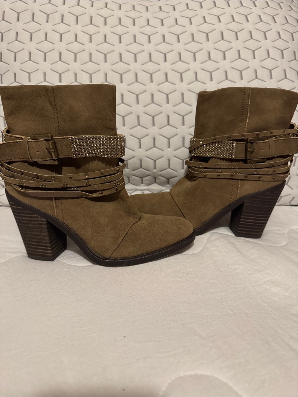 UNIONBAY Taupe Suede-Look Block Heel Ankle Boots with Studded Straps
